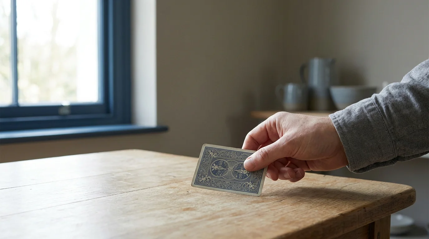 Eine Hand legt eine Spielkarte auf einen Tisch vor einem verschwommenen Hintergrund aus europäischen Online-Spielotheken