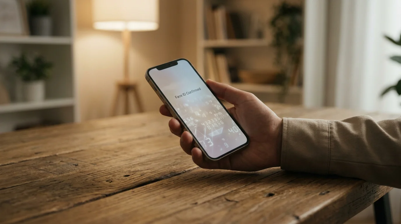 Face ID und tokenisierte Bestätigung am iPhone als Symbol für Apple-Pay-Sicherheit im Casino