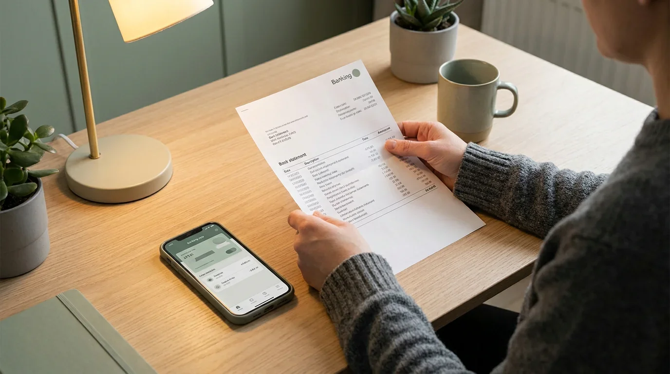Kontoauszug und Smartphone mit Banking-App auf dem Schreibtisch