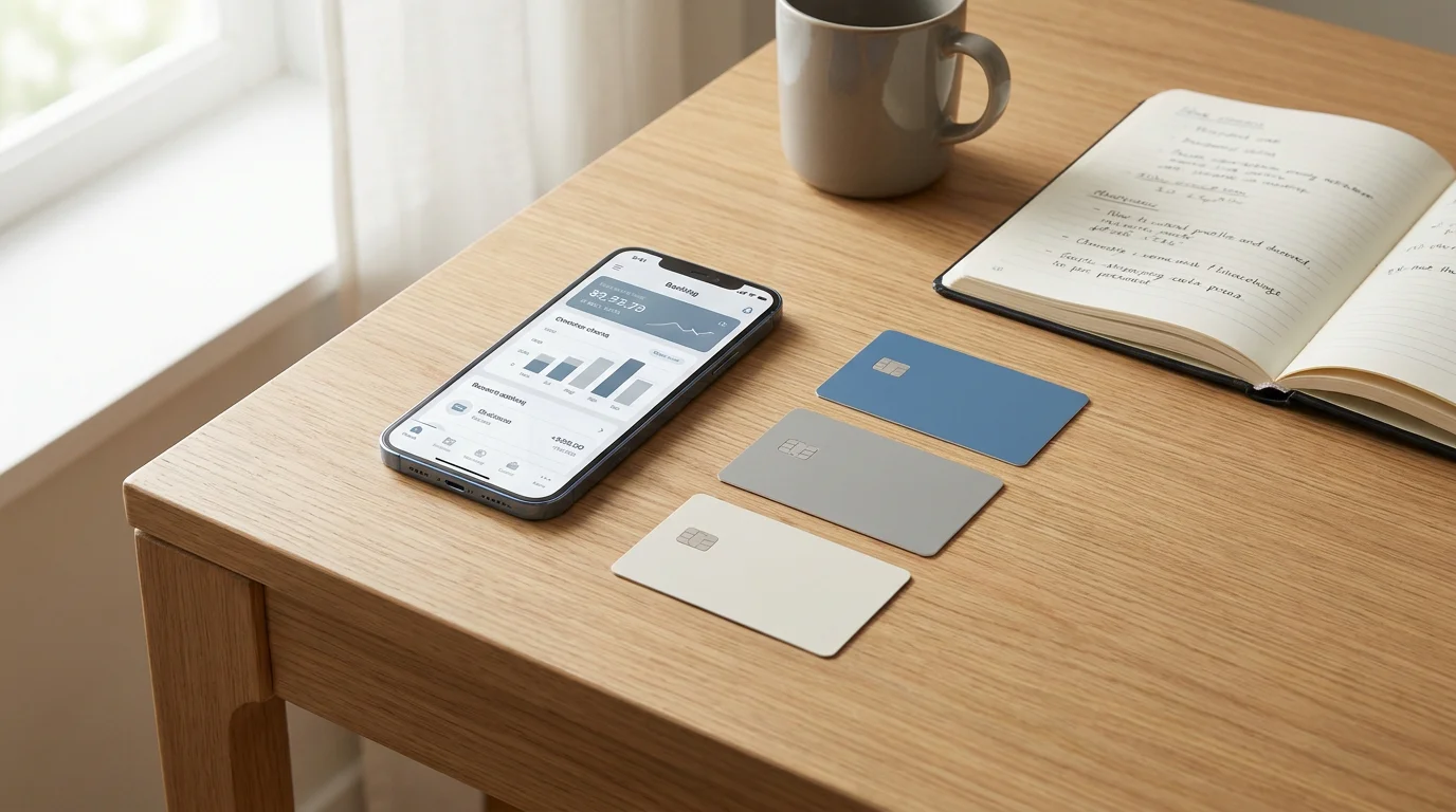 Smartphone zeigt eine Banking-App-Oberfläche, daneben liegen mehrere Karten ohne sichtbare Logos