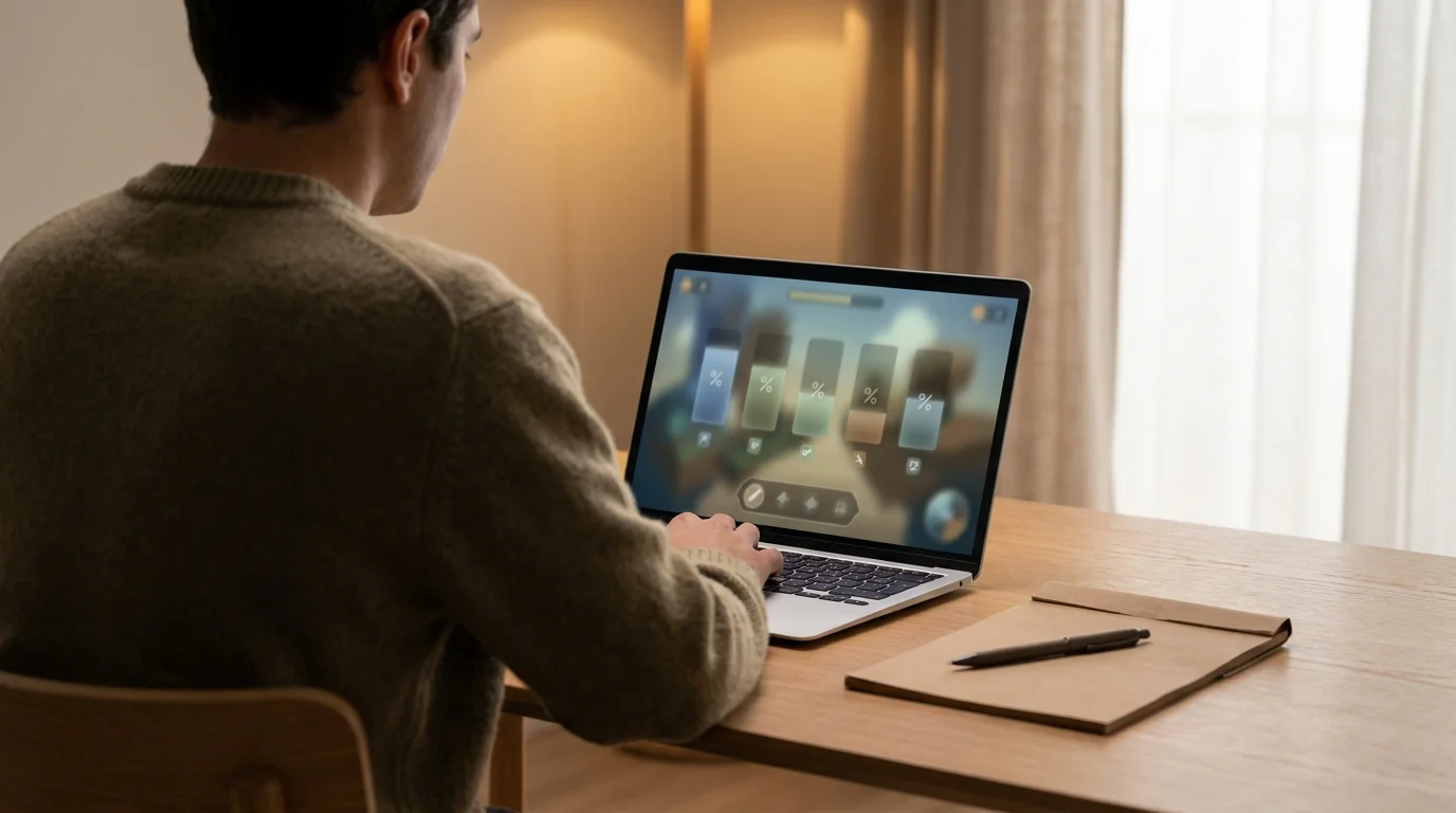 Person prüft die Auszahlungsquote eines Spielautomaten am Laptop