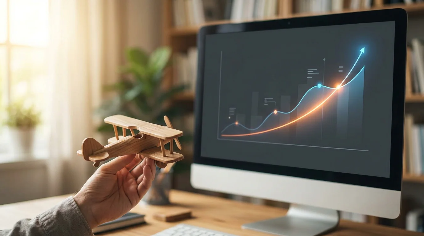 Abstrakte Crash-Kurve auf Monitor mit Holz-Flugzeugmodell im Vordergrund — Aviator-Spielmechanik