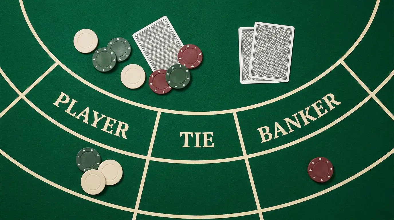 Baccarat-Tischlayout mit markierten Feldern für Player, Banker und Unentschieden