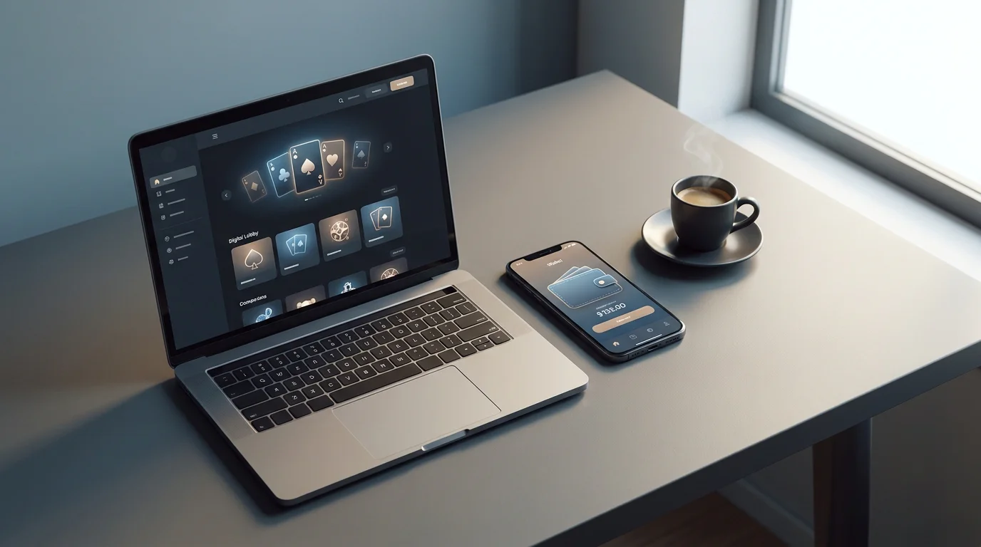 Schreibtisch mit offenem Laptop und Blick auf eine Krypto-Wallet-Adresse im Stil einer Übersichtsseite für Crypto-Casinos