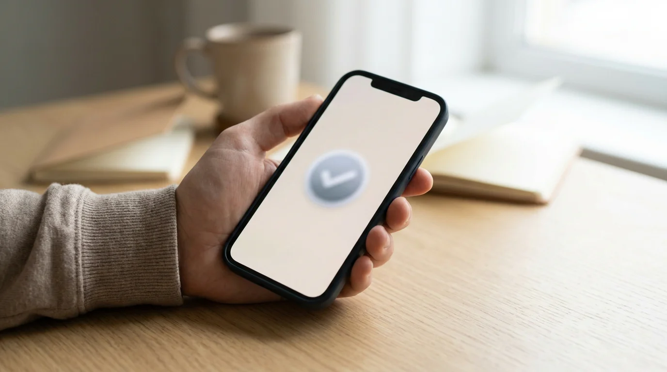 Hand hält Smartphone mit Bestätigungs-Mail auf dem Bildschirm