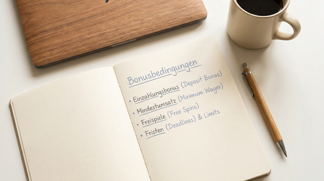 Notizbuch mit handschriftlichen Aufzeichnungen zu Bonusbedingungen neben einem geöffneten Laptop