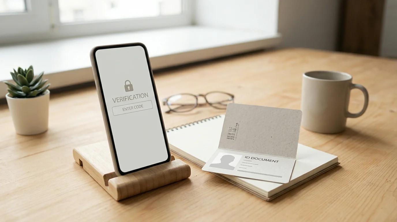 Smartphone-Display mit Verifizierungs-Code und Ausweis auf dem Schreibtisch