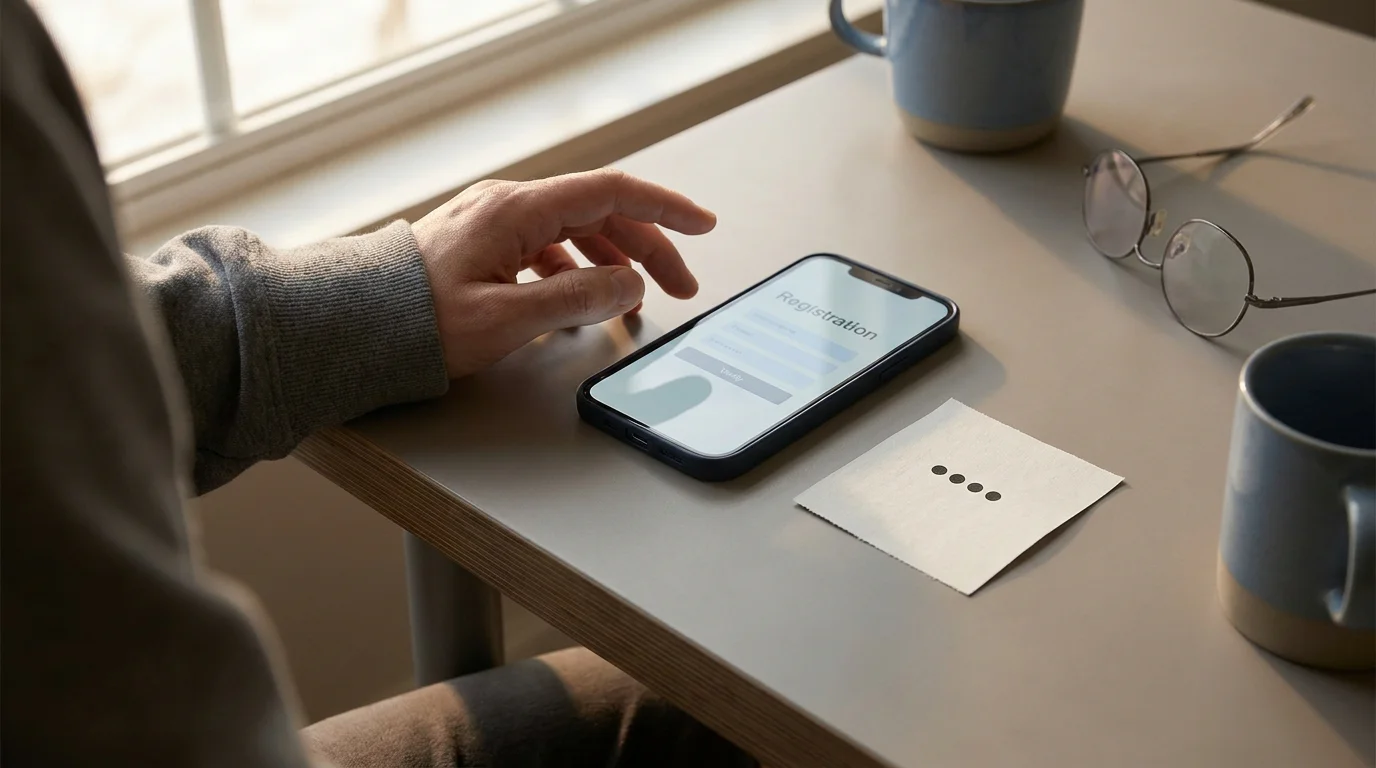 Smartphone mit neutralem Registrierungsformular und daneben ein Zettel mit maskiertem Code