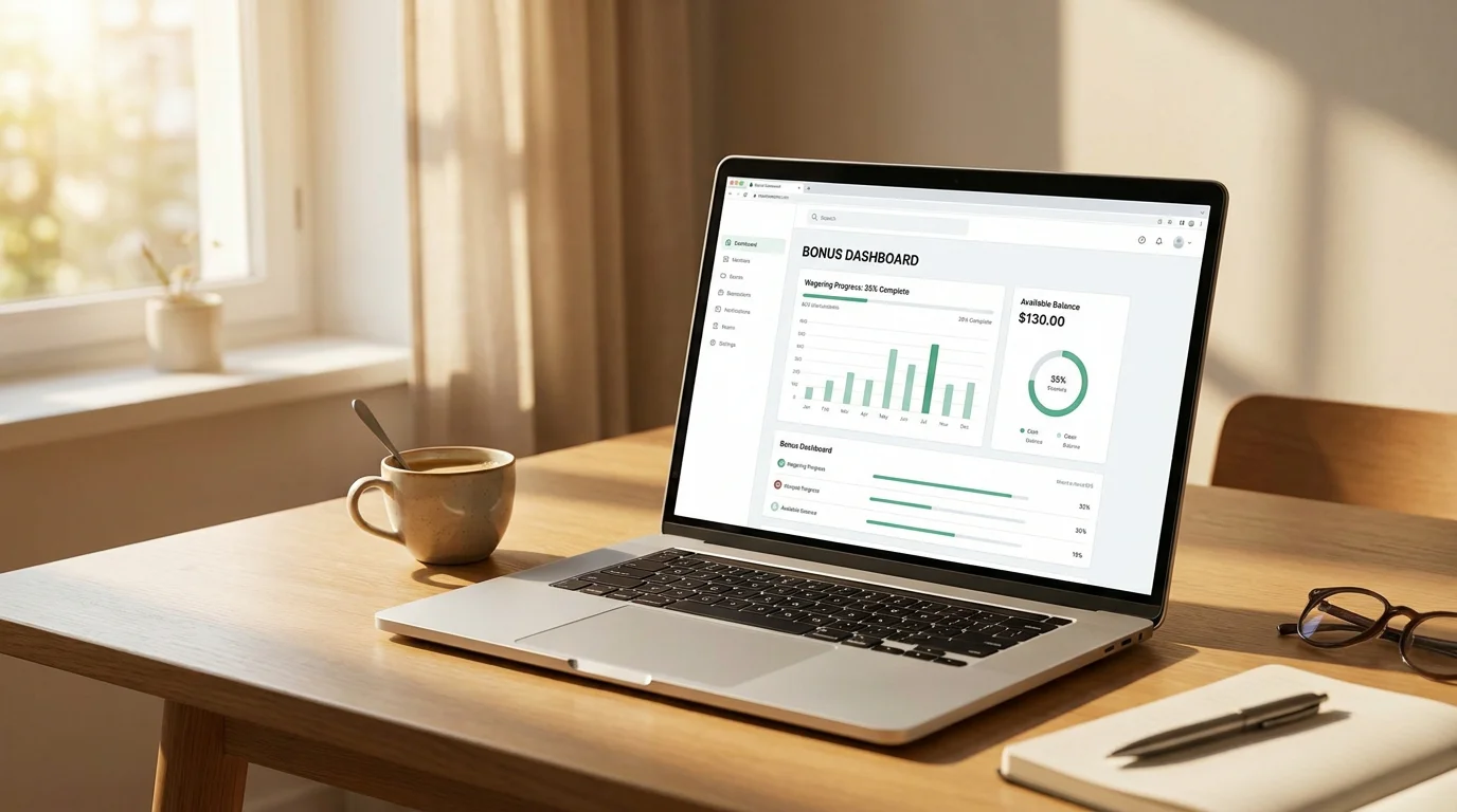 Laptop mit Bonusguthaben-Anzeige und Wagering-Zähler auf dem Bildschirm
