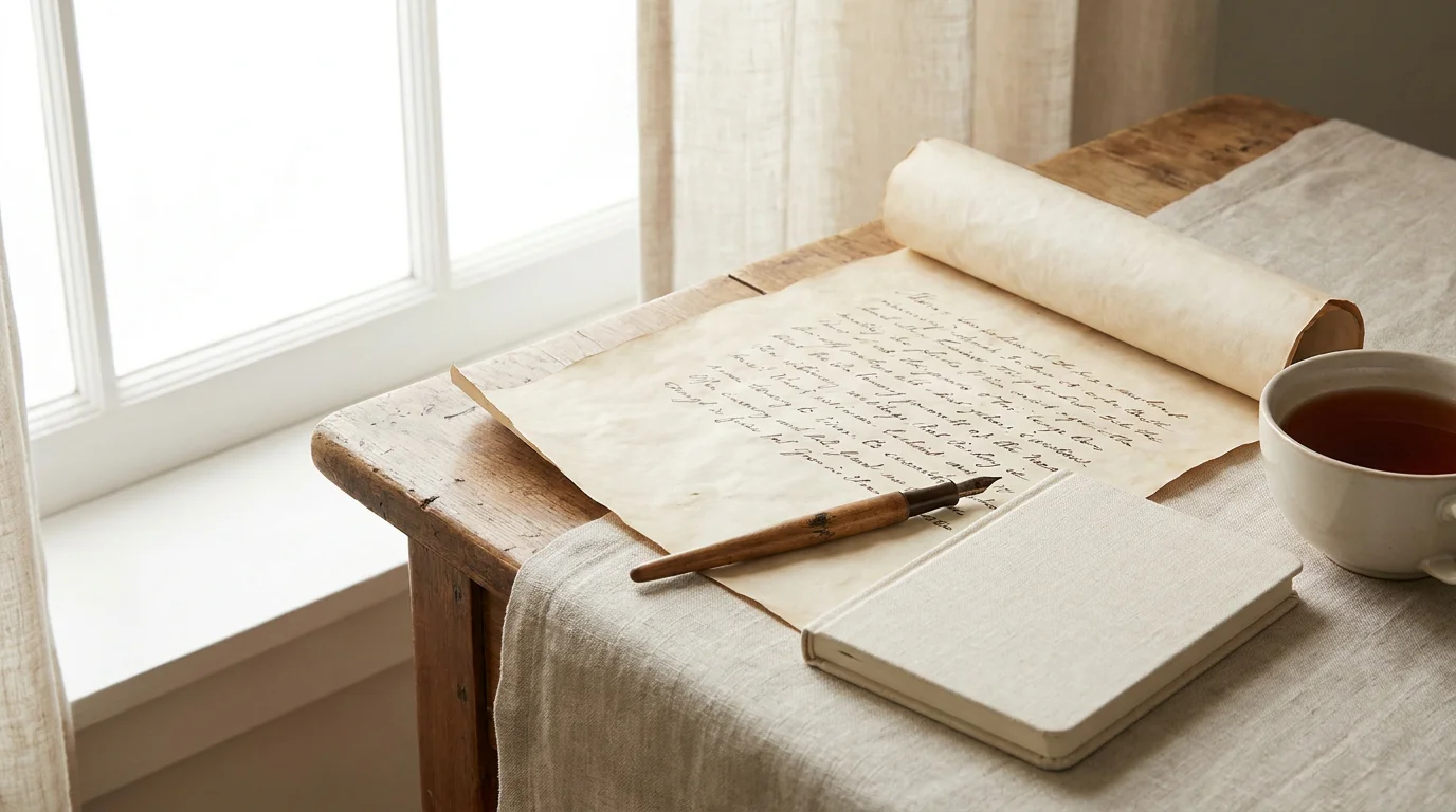 Schriftrolle mit Stift und Notizbuch zur Notation von Umsatzfaktor und Gültigkeit, am Rand ein einfaches Tee-Glas, indirektes Licht