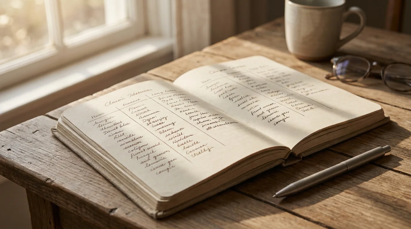 Notizbuch mit handschriftlichem Vergleich von Bonusvarianten auf einem Holztisch