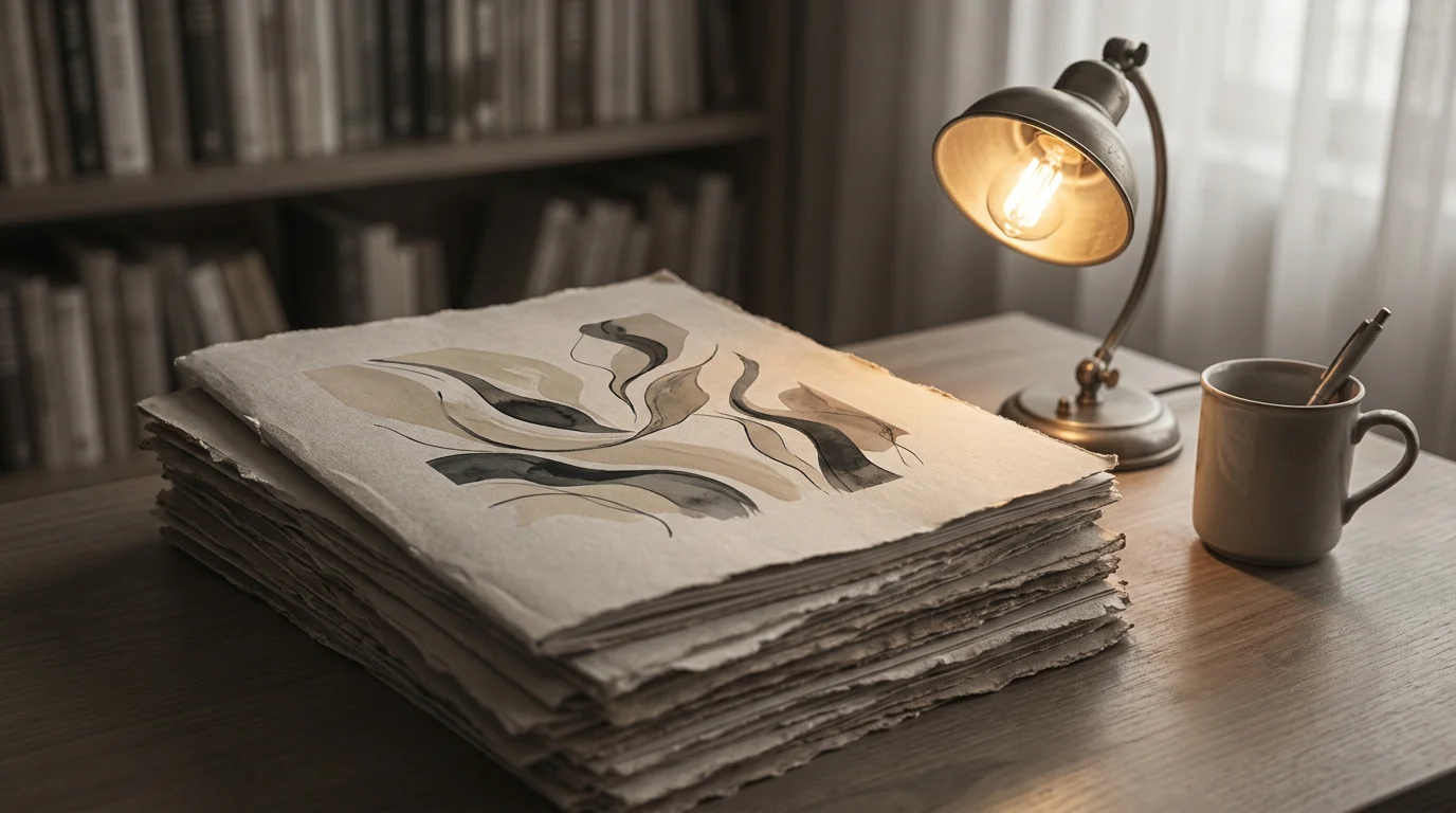 Stapel älterer Druckschriften auf einem Schreibtisch mit kleiner Leselampe