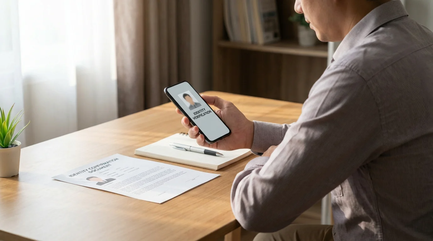 Person am Schreibtisch mit Smartphone und Ausweis-Dokument