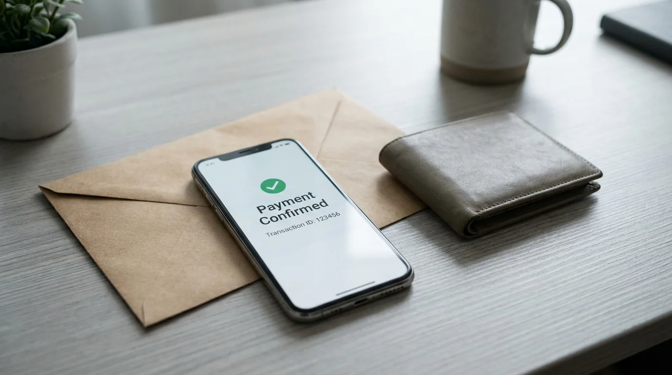 Smartphone mit Zahlungs-Bestätigung neben Briefumschlag auf Schreibtisch