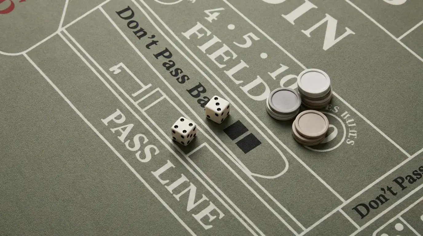 Neutrales Craps-Layout mit Wettfeldern und zwei geworfenen Würfeln