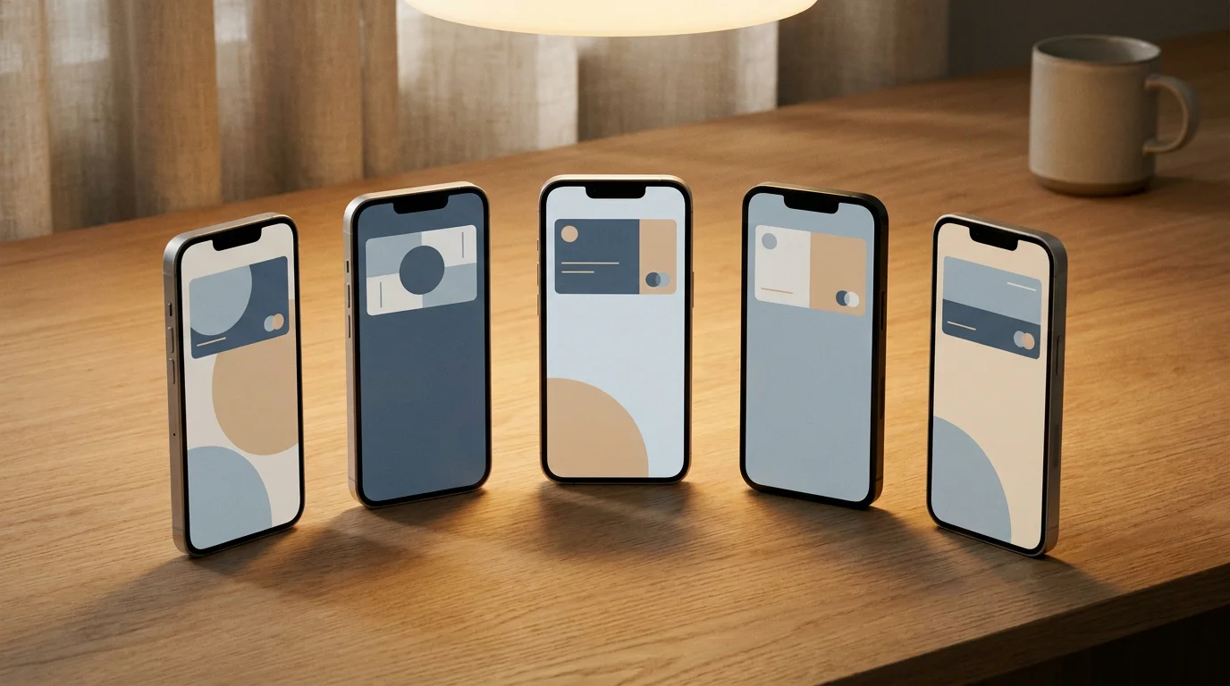 Fünf nebeneinandergestellte Smartphones mit unterschiedlichen Wallet-Apps auf den Bildschirmen