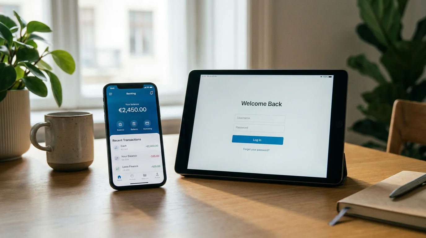 Kreditkartenattrappe und Smartphone mit Banking-App, daneben ein Tablet mit Casino-Login