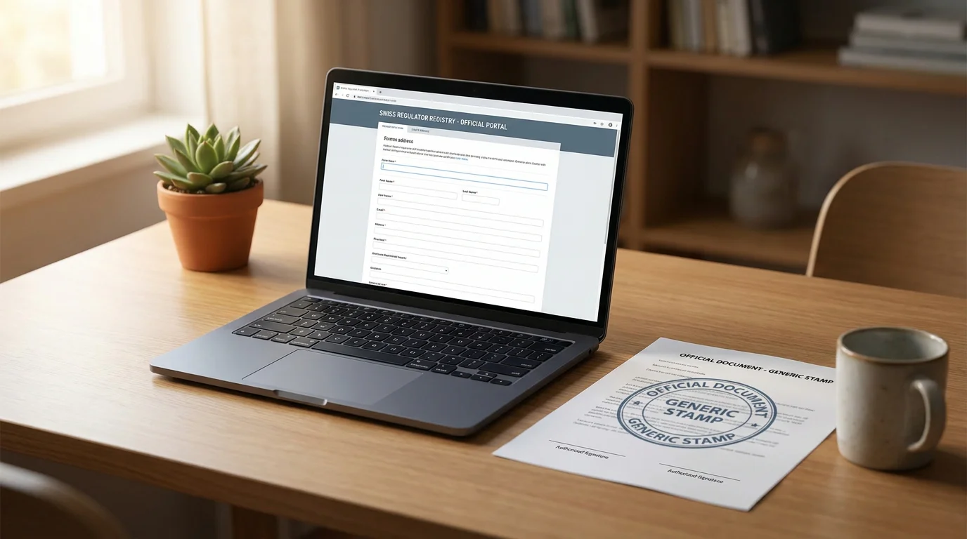 Laptop mit geöffneter Gespa-Webseite und Schweizer Konzessionsdokument daneben
