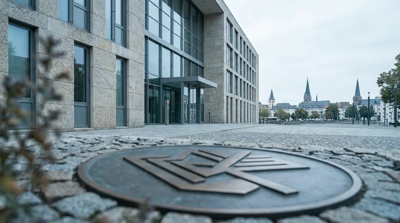 Stadtsilhouette mit deutschem Verwaltungsbau und neutralem Amtssiegel-Symbol
