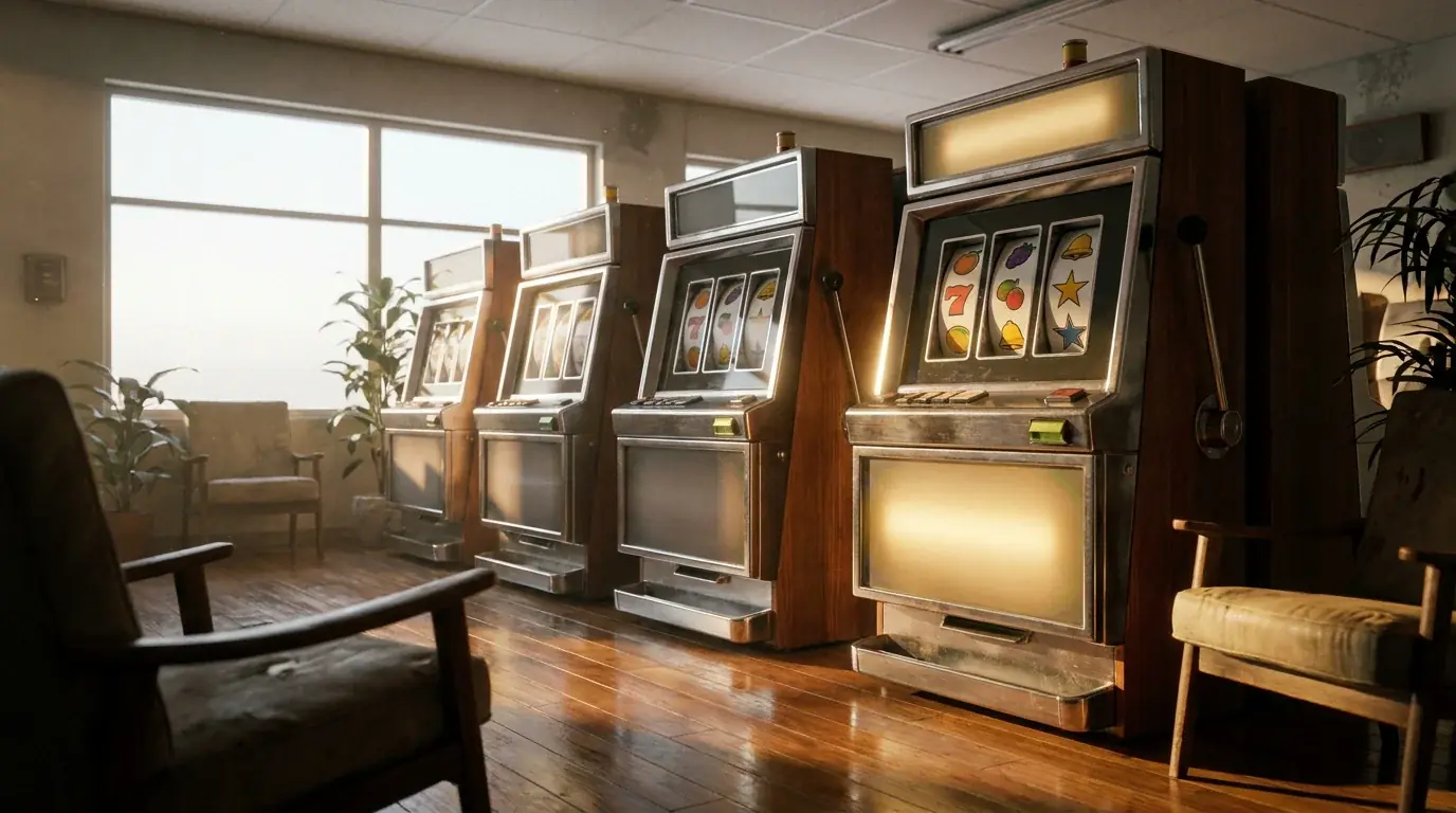 Reihe von vier Spielautomaten-Marken mit leuchtenden Walzen und Symbolen in einem Casino-Saal ohne Personen