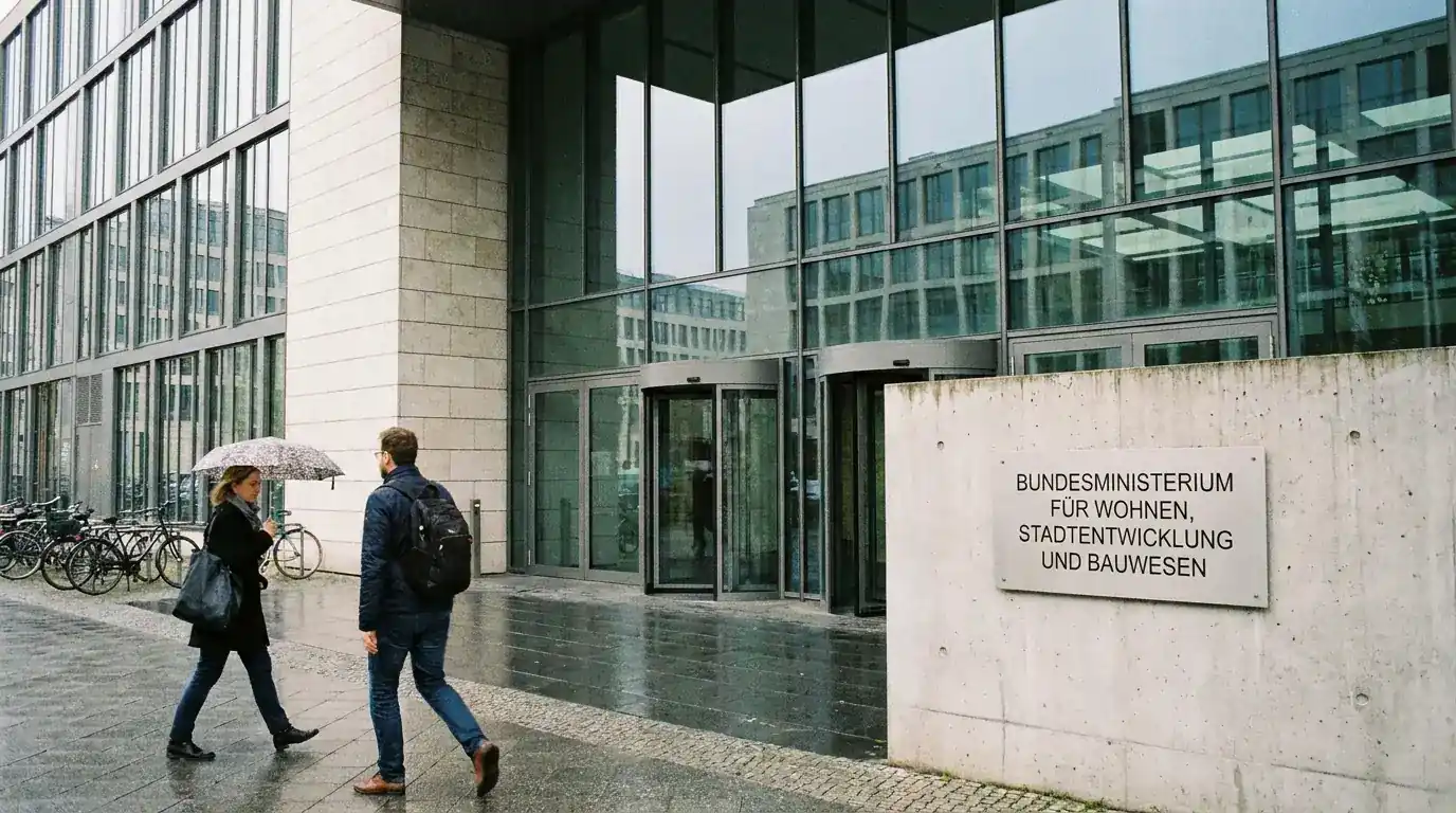 Gebäude der deutschen Glücksspielaufsicht mit Hinweisschild, neutral dargestellt