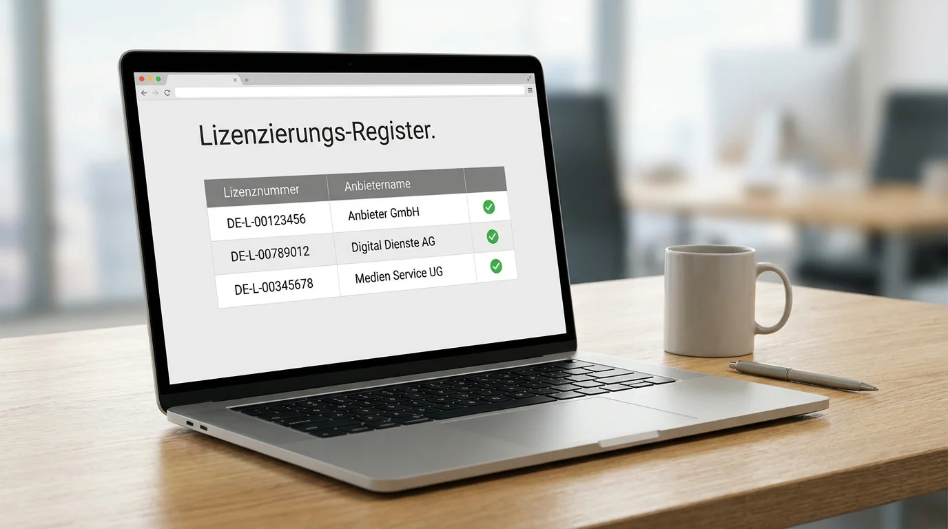 Stilisierte Ansicht einer behördlichen Whitelist-Website mit Häkchen und deutscher Amtssprache