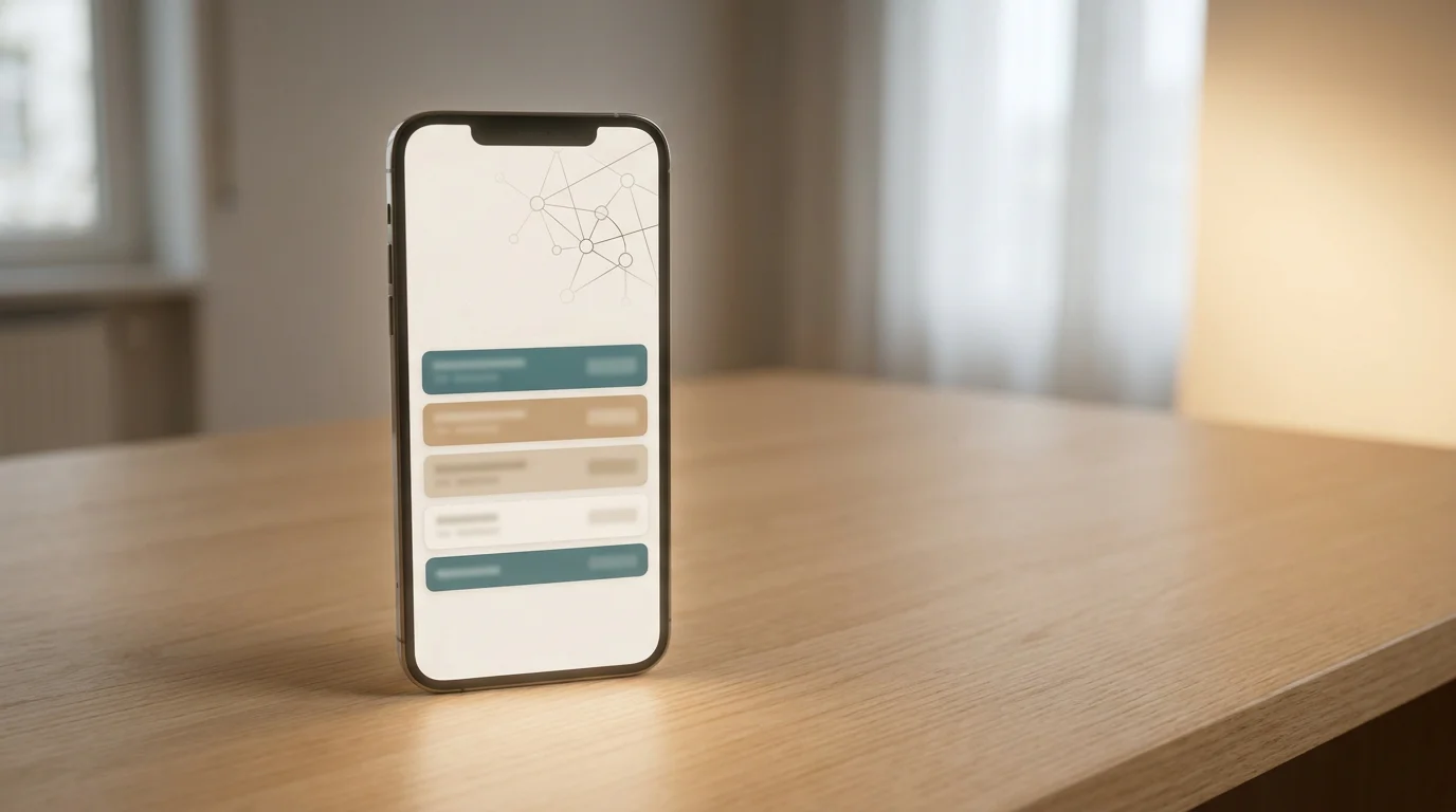 Smartphone mit neutraler Wallet-App-Oberfläche vor einem sanft beleuchteten Hintergrund