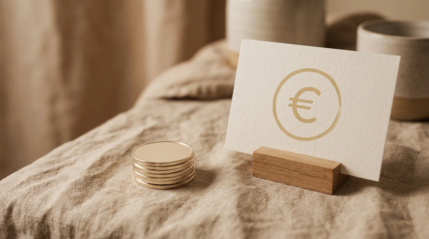 Stille Stillleben-Komposition mit neutralen Token-Münzen und einem €-Symbol auf Papier