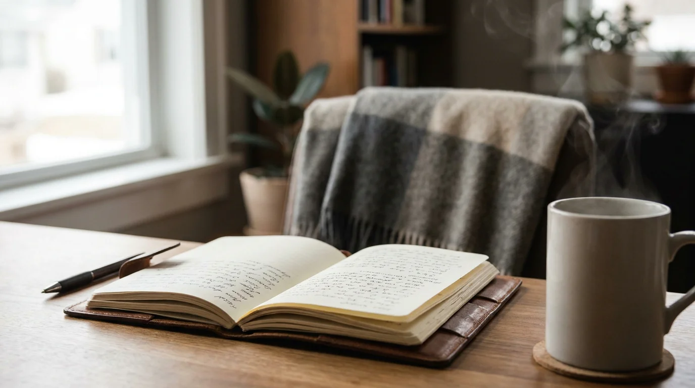 Symbolbild einer ruhigen Schreibszene mit Notizbuch und Smartphone