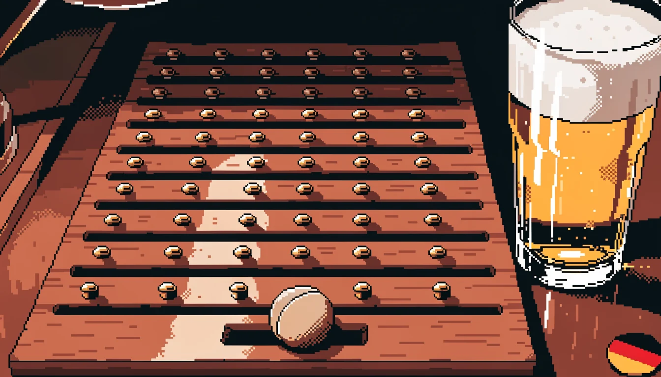 Holzbrett mit Plinko-Pegs, Ball unten, deutsches Bier daneben