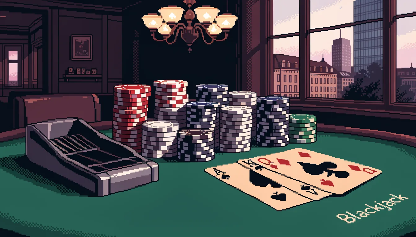 Eleganter Blackjack-Tisch in einem deutschen Casino-Lounge mit Chips und Karten.