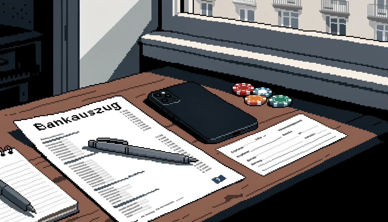 Banküberweisung auf deutschem Kontoauszug neben Smartphone und Pokerchips