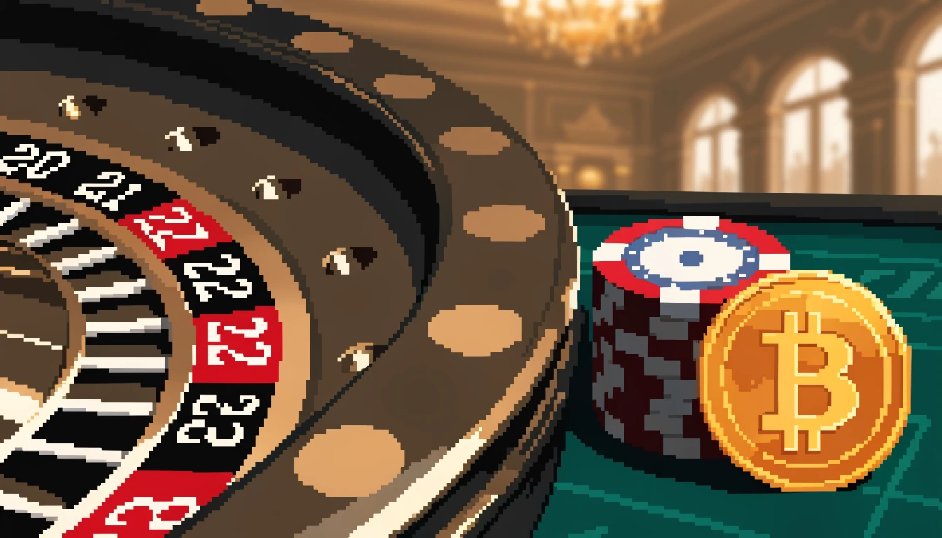 Roulette-Tisch mit Bitcoin-Münze und Casino-Chips in eleganter Spielhalle
