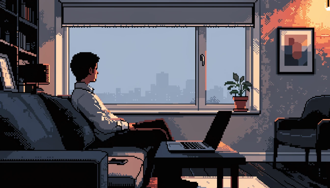 Abendliche Szene in einem deutschen Wohnzimmer mit Laptop und entspannter Person