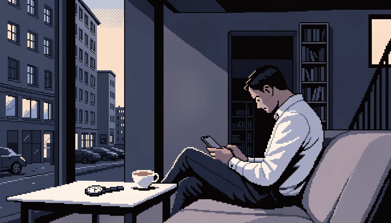 Entspannter Mann in deutscher Wohnung mit Smartphone auf dem Tisch, abendliche ruhige Atmosphäre.