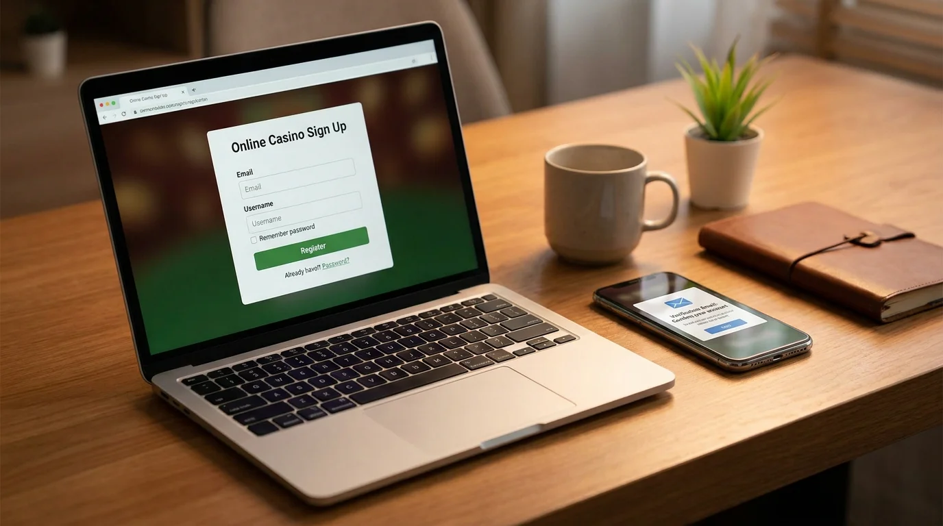 Laptop-Bildschirm mit Casino-Webseite und Mobiltelefon daneben