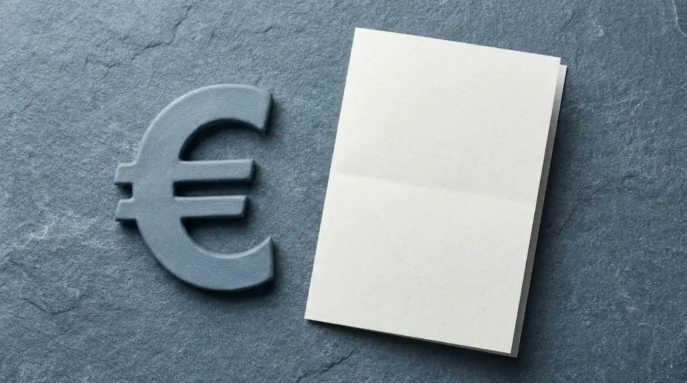 Europasymbol und stilisiertes Lizenzdokument auf einer aufgeräumten Schreibtischunterlage, kühles Studiolicht