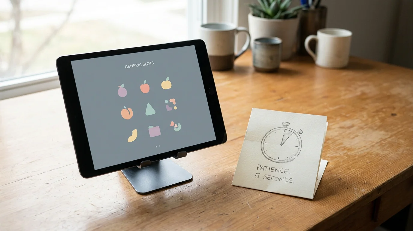 Tablet auf einem Couch-Tisch mit Spielautomaten und ein Warnschild zur 5-Sekunden-Regel