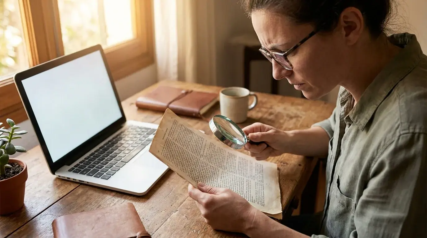 Person liest das Kleingedruckte von Bonusbedingungen an einem Laptop