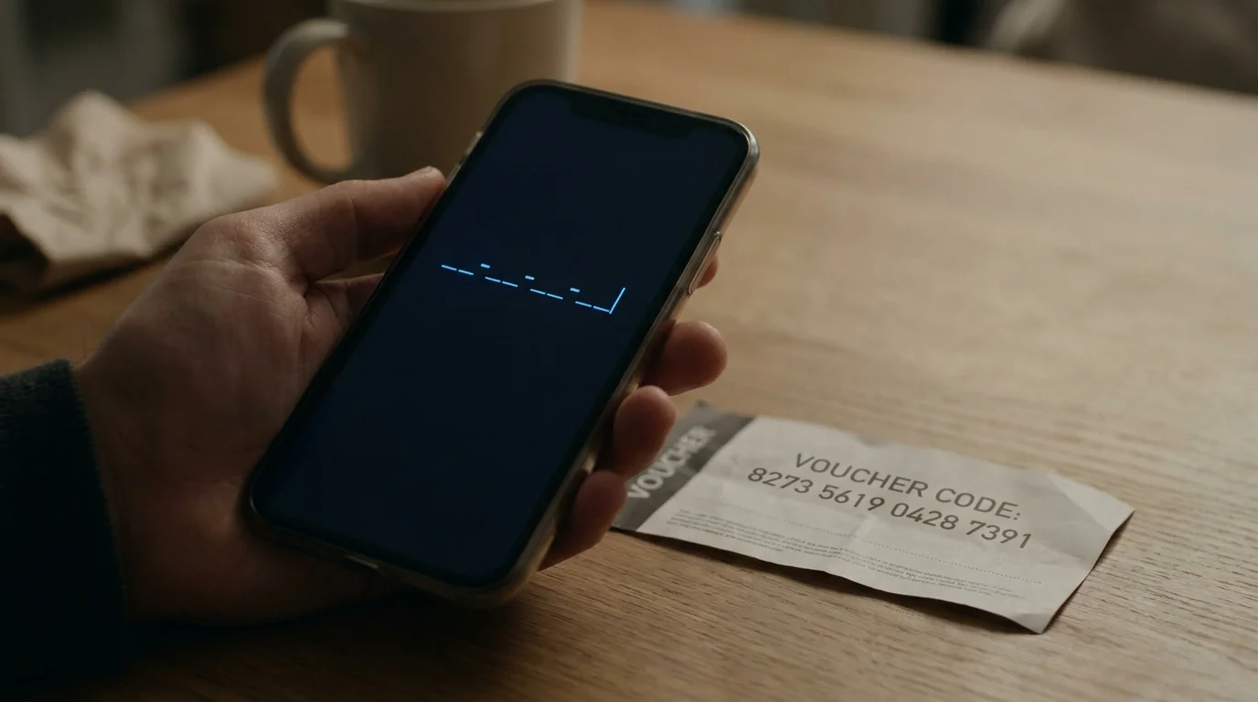 Smartphone-Display mit Jeton-App, Einlösefeld für einen 16-stelligen Voucher-Code