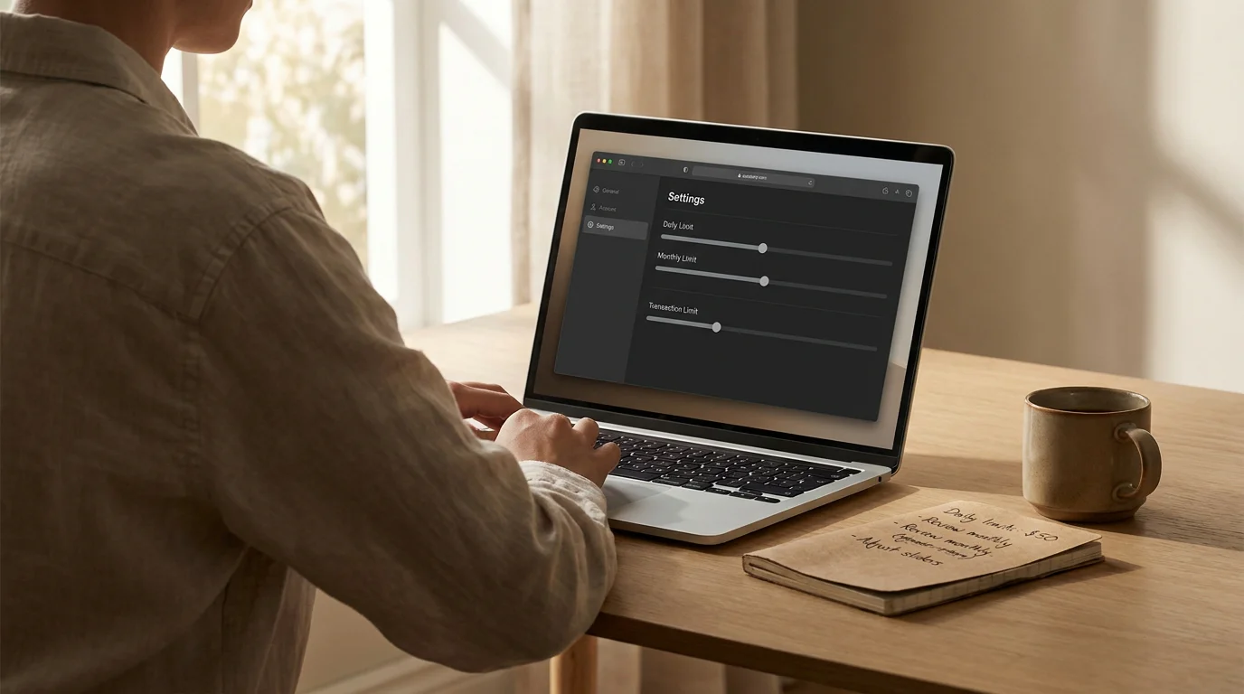 Spieler am Schreibtisch mit Laptop, geöffneter Jeton-Wallet-Oberfläche und Notizbuch für eigene Limits