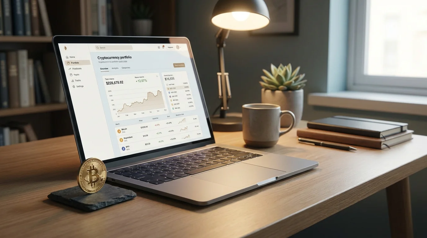 Laptop mit Krypto-Portfolio und stilisiertem Coin auf Schreibtisch — Krypto-Casino-Hebel