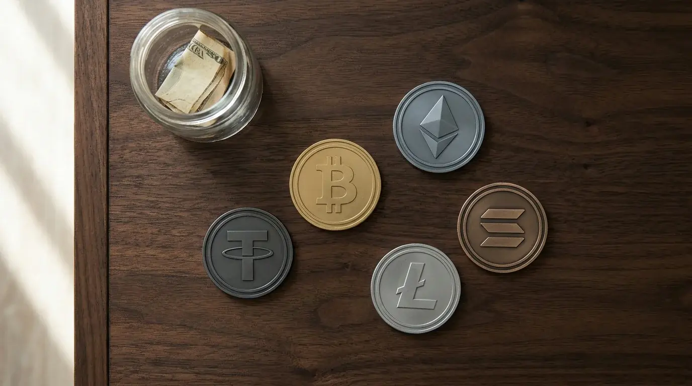 Nahaufnahme mehrerer Krypto-Coins und Netzwerk-Symbole auf einem dunklen Schreibtisch ohne Geldscheine