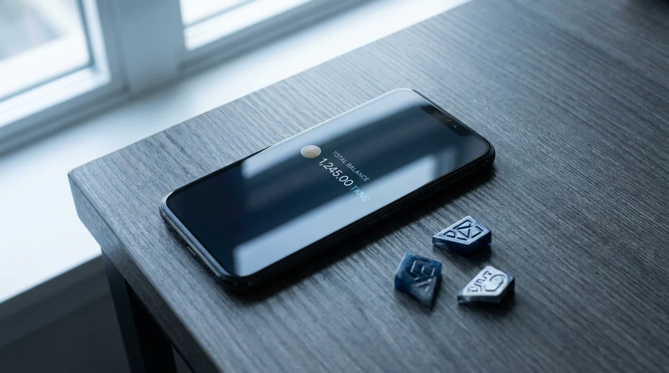 Smartphone mit Krypto-Wallet neben Stapel von Spielmünzen