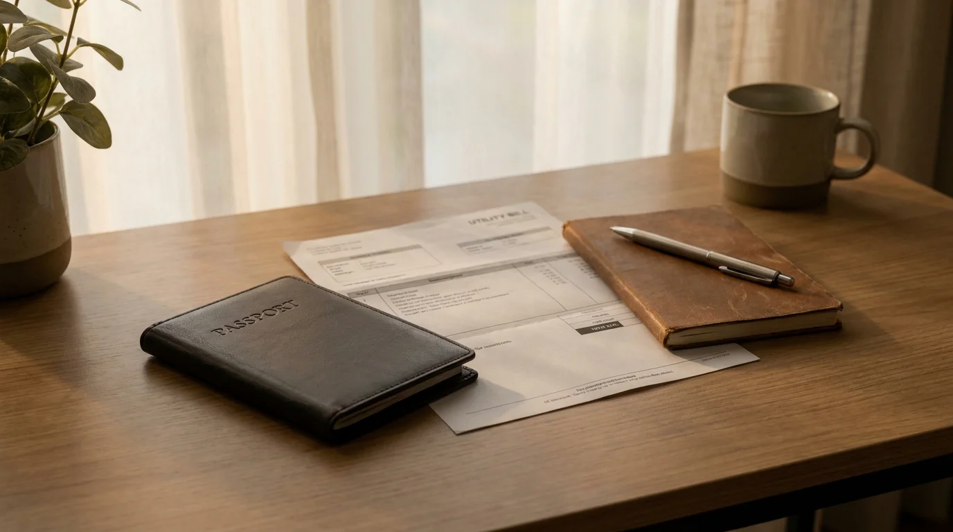 Notizbuch mit Stift und Reisepass als vorbereitete KYC-Unterlagen