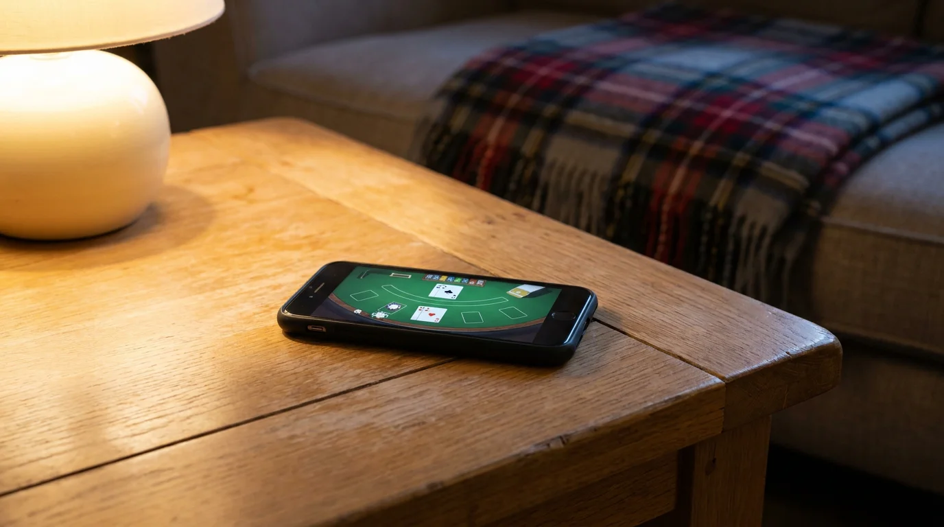 Live-Blackjack-Tisch auf einem Smartphone in einer ruhigen Wohnzimmer-Umgebung