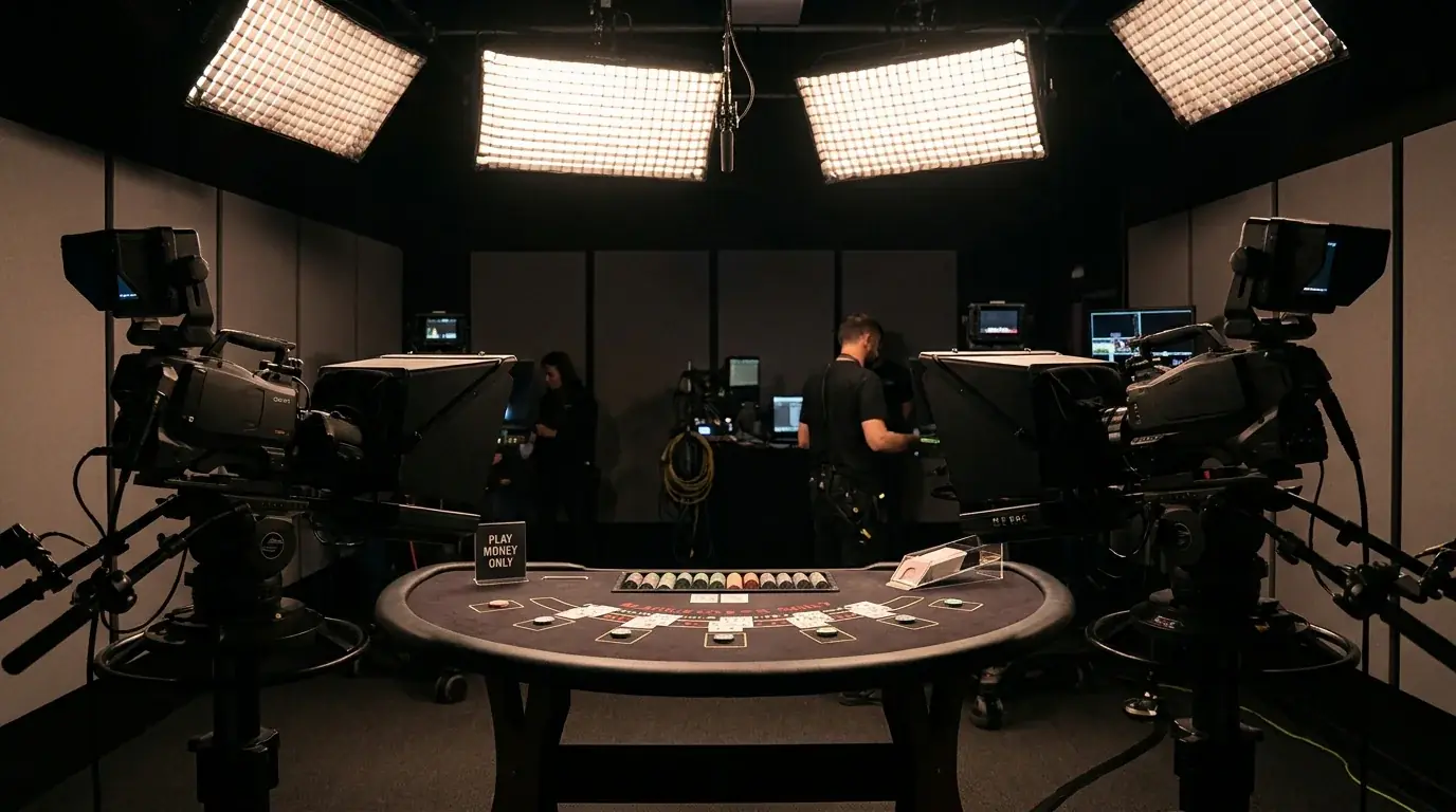 Professionelles Live-Casino-Studio mit mehreren Kameras und einem Blackjack-Tisch im Fokus