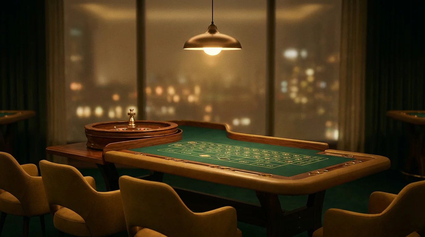 Roulette-Tisch aus der Distanz mit ruhigem Licht, ohne erkennbare Personen, ohne Spielmarkenbeschriftung