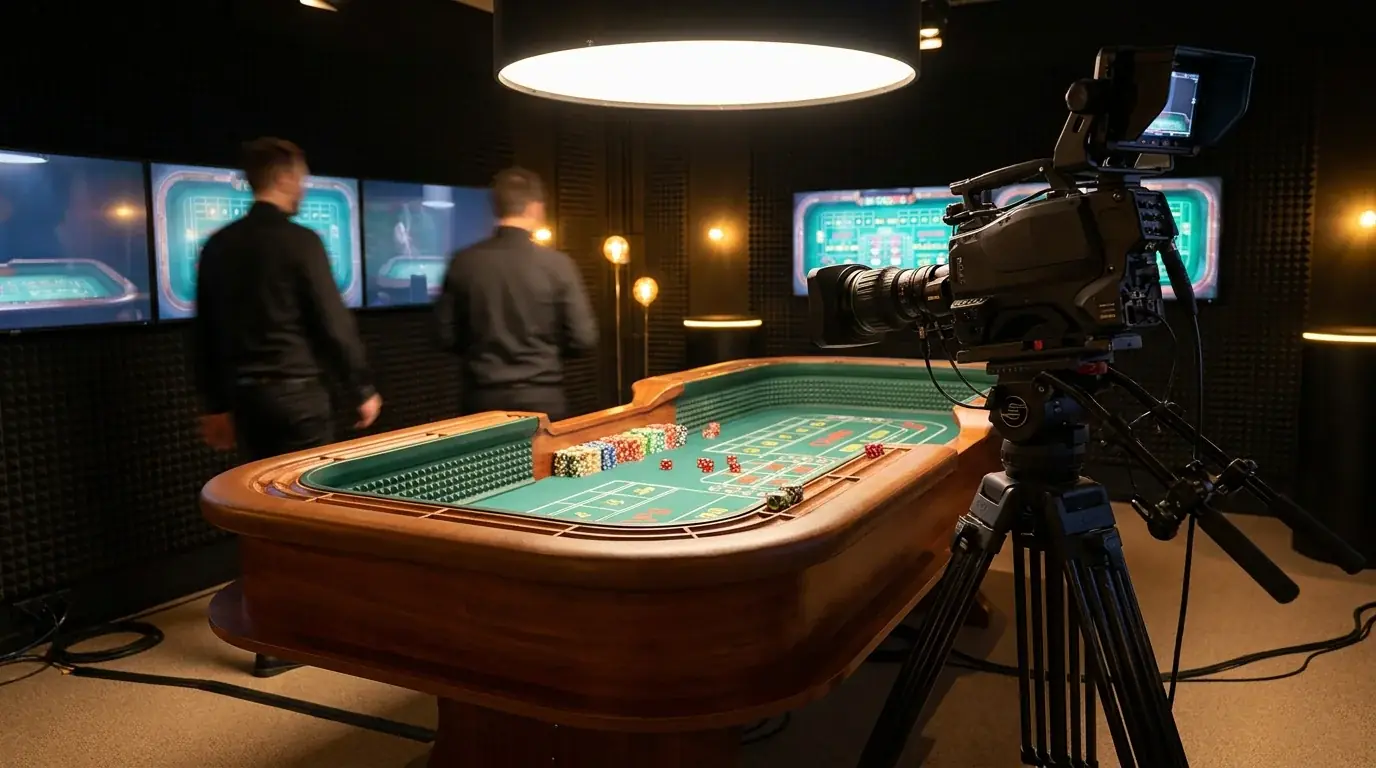 Live-Streaming-Studio mit Craps-Tisch und HD-Kamera ohne erkennbare Personen