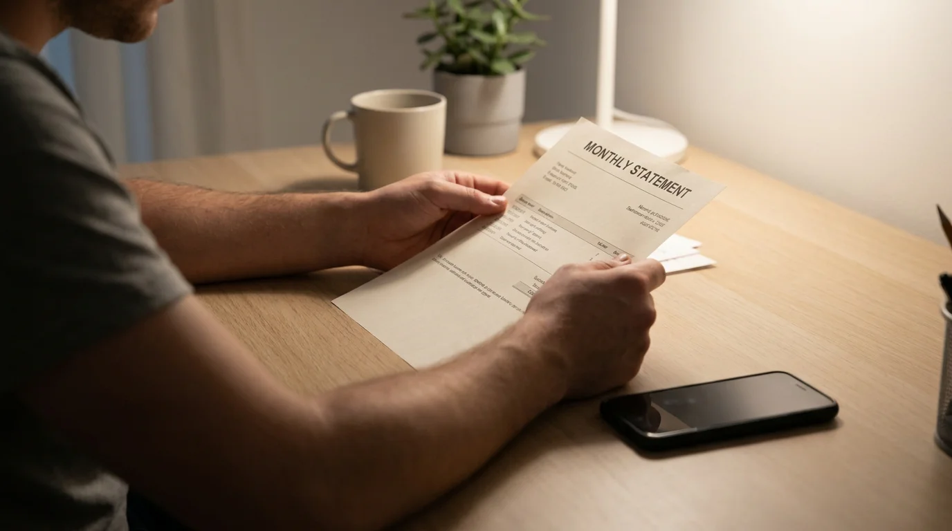 Person am Schreibtisch mit aufgeschlagenem Notizbuch und Ausdruck eines monatlichen Kontoauszugs